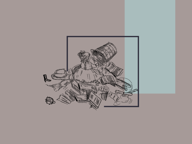 Pige, der har tømt en kurv med diverse indhold ud omkring sig